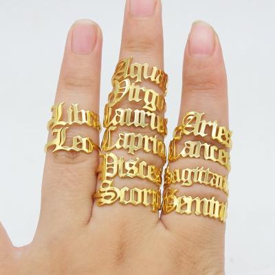 China BOHEMIA Tarnish Free Horoscope Jewelry 14k Gold Plated Adjustable Stainless Steel Zodiac Sign Rings for sale