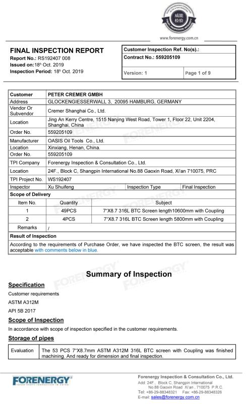 Products Certification by Third Party - Oasis Oil Tools Co., Ltd,