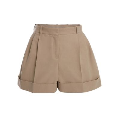 China Best Selling Anti-Wrinkle Double Leg Width Pleated Khaki Casual Shorts Custom Size High Fashion For Office Women Wear for sale