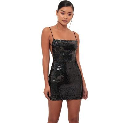 China 2021 New Style Custom Ladies Spaghetti Strap Sexy Women Shiny Black Backless Sequin Dress Club Dress for sale