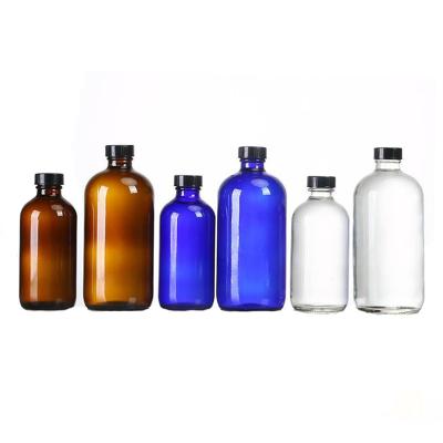 China Hot Selling 30ml/1oz Blue Round Screw Cap Boston Glass Bottle With Dropper Or Plastic Cap for sale