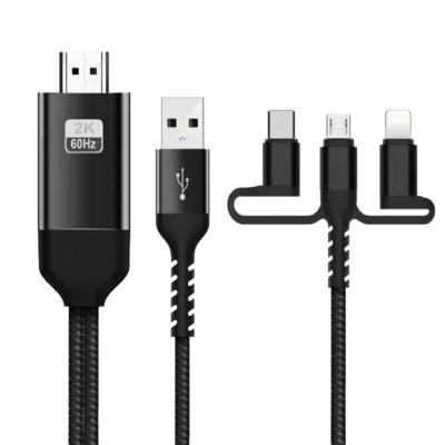 China For iPod Wholesale 3 In 1 8 Pin Micro USB Type C Braided Molded Wire To 2K HDTV Cable For IOS And Samsung To TV for sale