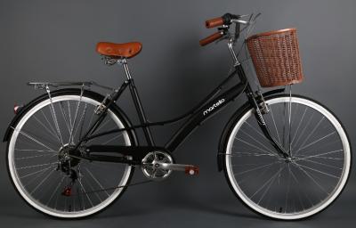 China Hi-ten steel black 26 inch OL elegant city bike for lady  with Shimano 7 speed with basket for sale