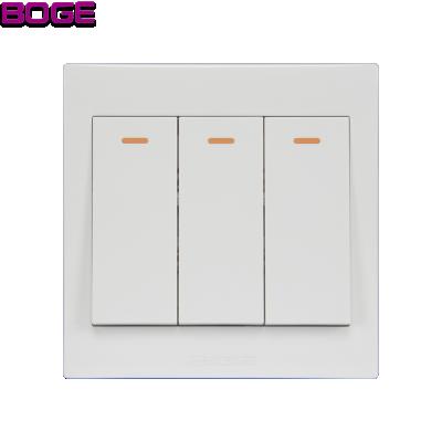 China BS PC Material BOGE Fireproof And Waterproof White 3 Strip 2 Way Electrical Home Wall Switch Socket Panel Switch for sale