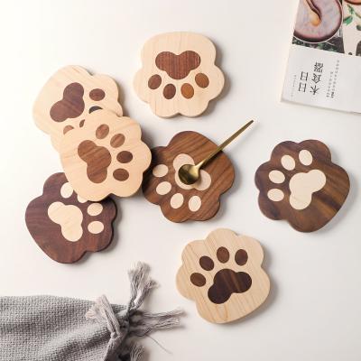 China Viable Decoration Cat Claw Shape Cute Table Coasters for Coffee Cup Cartoon Natural Wooden Coasters for sale