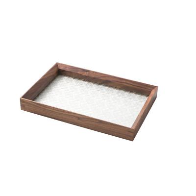 China Modern Luxury Vintage Decoration Rectangle Home Storage Tray Wood Dessert Serving Tray Etched Glass Tray for sale