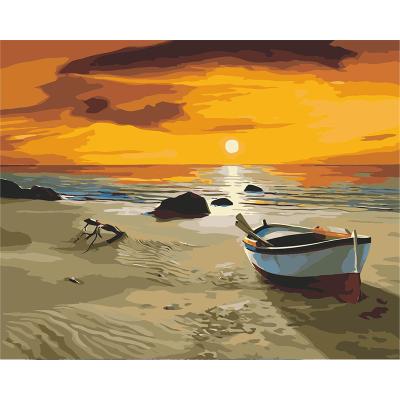 China Hot Selling Realistic Oil Painting Canvas Sea Sunset Boat Hand Made Painting By Numbers Kit for sale