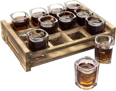 China No 12 Shot Glasses Home / Bar / Restaurant Server Set With Decorative Vintage Gray Wood Tray for sale