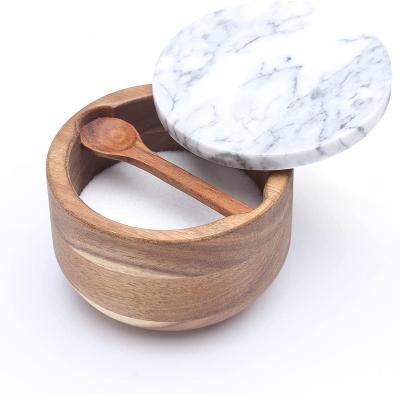 China KITCHENDAO Large Wooden Salt Box with Built-in Serving Spoon, Keeper Seasonings, Gray Marble Lid, Solid Natural Salt Cellar Spice 7x3.5x1.8cm for sale