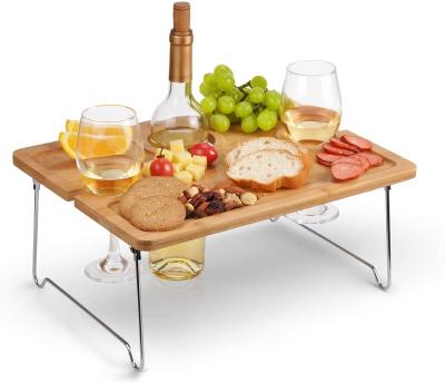 China Modern Outdoor Wine Picnic Table Folding Portable Wine Glasses and Bottle Holder, Snack and Cheese Tray for Park Beach Concerts for sale