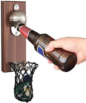 China Wooden + Metal Basketball Bottle Opener Magnetic Wall Mounted Opener With Hat Collector Catcherl Gift For Basketball And Beer Lover for sale