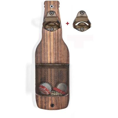 China Vintage Wooden + Metal Wall Mounted Bottle Opener With Catcher For Beer Lovers for sale