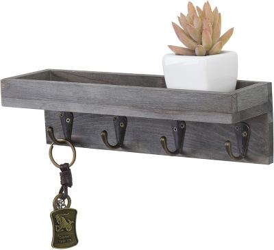 China Vintage Floating Shelf Traditional Gray Wood Wall Mounted Entryway or Desk Shelves with 4 Antique Metal Hooks for sale