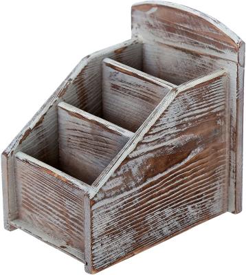 China Traditional Rustic Wooden Remote Control Cart, 3 Slot Office Supply Storage Rack, Brown for sale