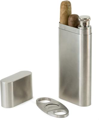 China Transitional Cigar Flask Gift Set - 2 Cigar Holder & 2 Ounce Stainless Steel Flask Combo - Includes Cigar Cutter & Heads - Great Groomsmen for sale