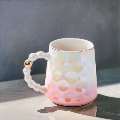 China Modern and Eye-catching Trendy Shell Design Pink Pearl Ceramic Mug with Bamboo Saucer for sale