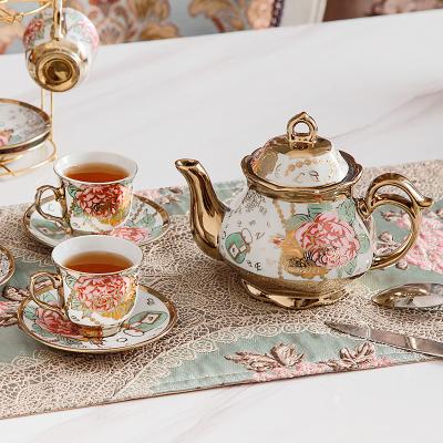 China Home Ceramic Tea Set Gold Trim Porcelain Pot Cup and Saucer for Luxury Dinnerware for sale