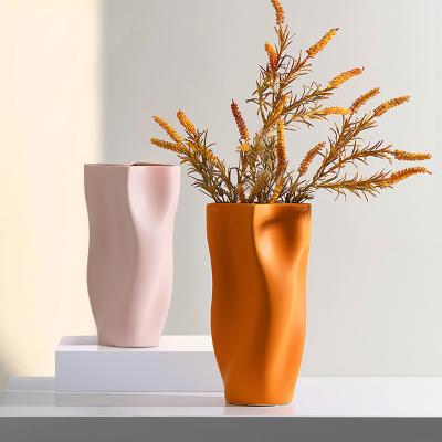 China Matt Glaze Nordic Simple Modern Paper Basket Shape Ceramic Vase for Wedding Home Decor for sale