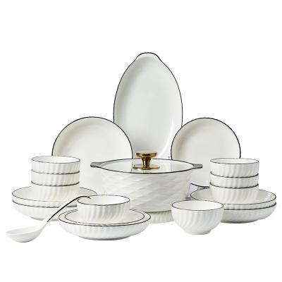 China Hotel Restaurant Dining Hall Tableware Ceramic White Porcelain Bowl Plate Set with Black Rim Contemporary Design Style for sale