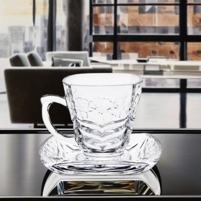 China Diseño clásico Conjuntos de café y té Conjunto de platillo de copa de vidrio transparente con mangos de patrón en venta