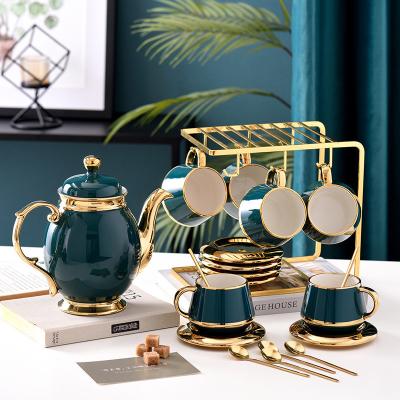 China Sustainable European-Style Ceramic Coffee Tea Set with Cup Holder and Gold-Edged Detail for sale