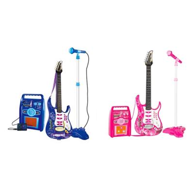 China Wholesale Toy Hot Selling Mini Musical Instrument Battery Operated Touch Light Wooden Strings Four Bit Musical Guitar and Microphone Toys for sale