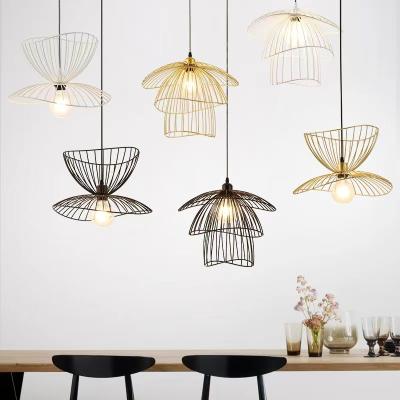 China Modern Nordic Creative Straw Hat Chandelier Light Bedroom Restaurant Statistical Institute Style Pendant Lamp Wrought Iron for sale