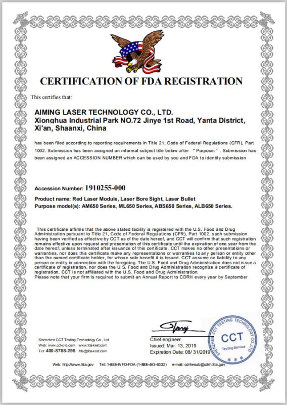 FDA Certificate - Aiming Laser Technology Co., Ltd.