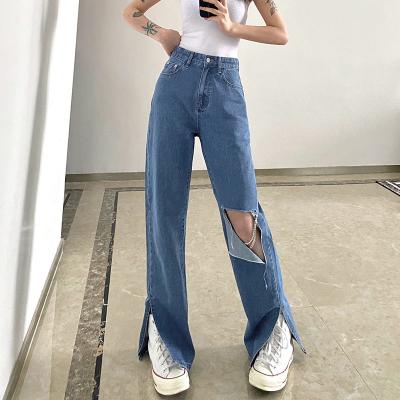 China 2022 New Fashion Women's Viable Custom Blue Casual High Waist Ripped Split Denim Pants Jeans for sale