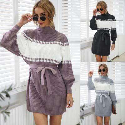 China Anti-wrinkle 2022 style modern women fall double color knit turtle neck long sleeve casual sweater dress for sale