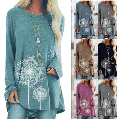 China Wholesale Fashion Casual Floral Print Breathable Plus Size Loose Long Sleeve Round Neck T-Shirts For Women for sale