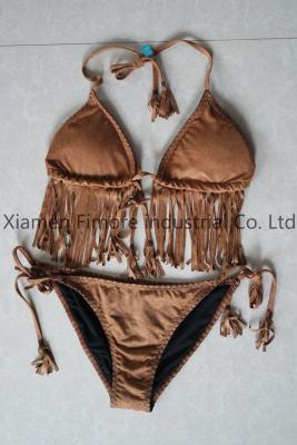 China Suede Fabric Sexy Lady's two pieces brown swimming suit with wire cup for sale