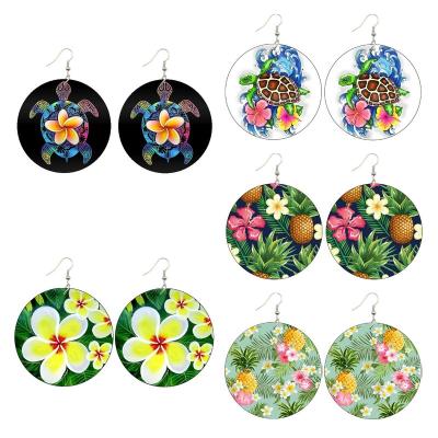 China 600 FASHIONABLE natural wooden drop earrings pattern designs polynesian frangipani flamingo palm leaves monstera flowers tropical fruit for sale