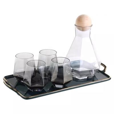 China Amazon New Design Hot Viable High Quality Crystal Glass Shape Glass Water Jug Carafe Set With Cork Ball Lid for sale