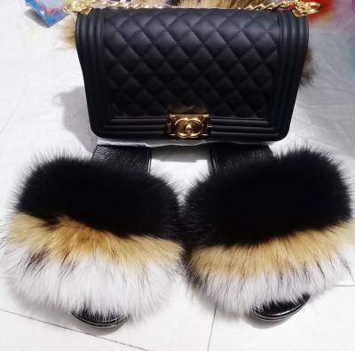 China Fashion Trend Factory Custom Logo Pvc Slides Ladies Raccoon Fur Slippers Women Soft Real Fox Fur Slides for sale