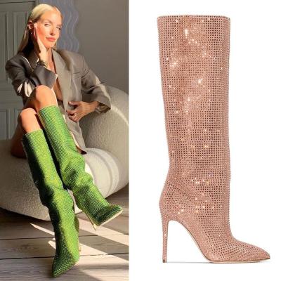 China Round 2022 new fashion show designer boots rhinestone boots pointed toe high heels over the knee boots for sale