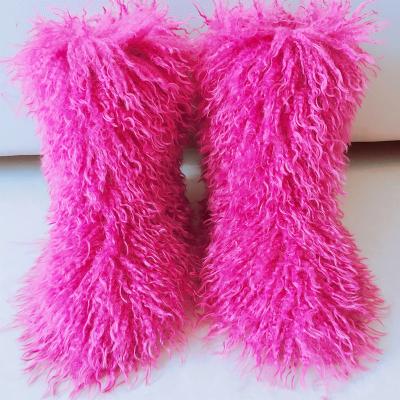 China Round Fashion Winter Faux Mongolian Fur Shoes Woman Men Home Ankle Snow Boots Fluffy Mongolian Fur Snow Boots For Women for sale