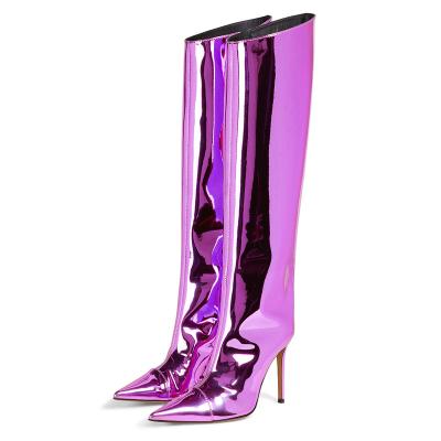 China Round Fashion Hot Sale High Heel Long Boot Winter Shoes 2022 Metallic Women High Heel Knee High Boots for sale