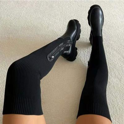 China Round High Quality Winter Pure Solid Color Leather Knitted Stretch Over Knee High Heel Women High Leg Boots Shoes Women's Long Boots for sale