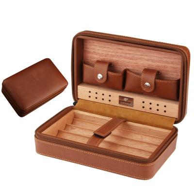 China Durable Portable Leather Cigar Humidor Case Cedar Wood Humidor Travel Cigar Humidor Cigar Case for sale