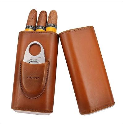 China New Durable Three-finger Portable Cigar Humidor Brown and Black Two Choices Whip Material Leather Case with Silver Cigar Cutter for sale