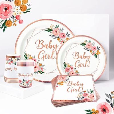 China LEMON Baby Shower Paper Girl Plates Napkins 24 Floral Boho Party Supplies Rose Gold Sweet Flower Paper Disposable Cups Her One Gir for sale