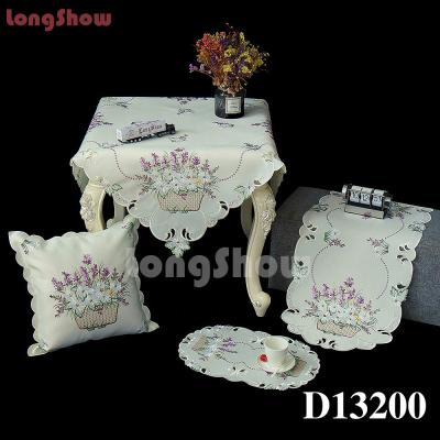 China New Design Lavender Embroidery Pattern Waterproof Satin Fabric Longshow Hole Tablecloth Bleaching Set for sale