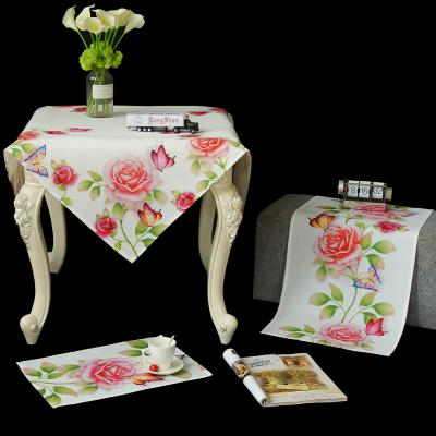 China New LongShow Disposable Design Colorful 3D Custom Pattern Printed Polyester Fabric Table Cloth Table Runner Cationic Place Mat Three Piece for sale