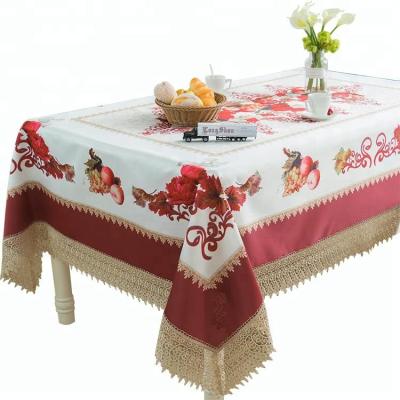 China Red flower design fruit TWILL fashion digital printed tablecloth with elegant embroidery lace trim for party wedding banquet for sale