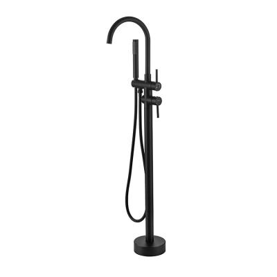 China Floor Standing Brass Single Handle 360 ​​Rotation With Hadnd Shower Matte Black Floor Standing Bathtub Faucet for sale