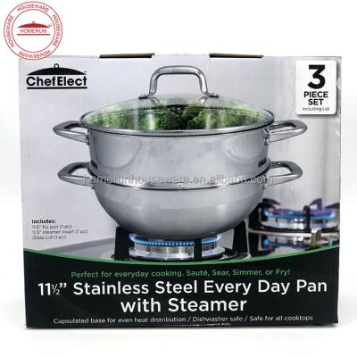 China 3 Pcs Sustainable Stainless Steel Every Day Pan With Steamer Set for sale