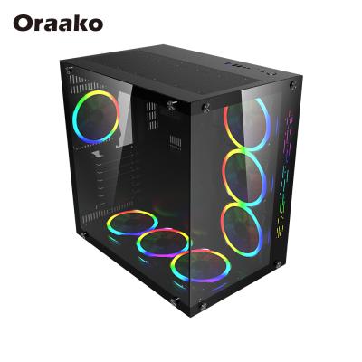 China Black USB3.0*1+USB2.0*1+HD Aduio Cooling Micro-ATX Cabinet ATX RGB Light Gaming Computer PC Glass Case With Fans for sale