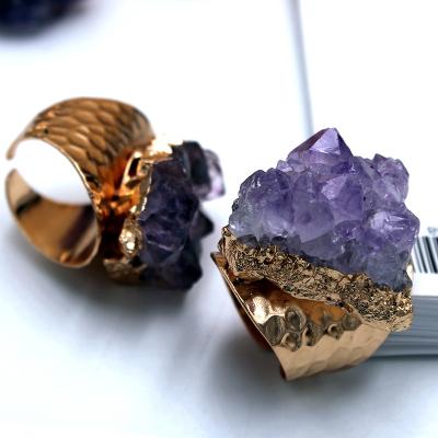 China Eco-friendly Natural Aperture Ring Electroplating Ring Rough Stone Amethyst Adjustable Wide Edge Jewelry for sale