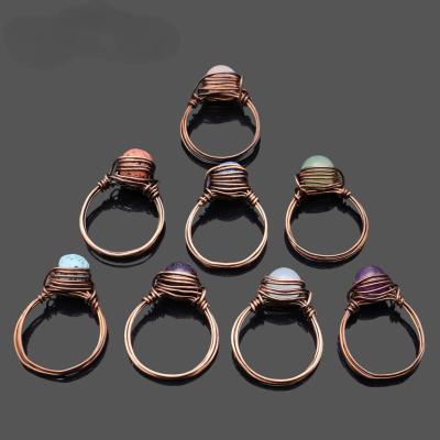 China DIY Natural Amethyst Bronze Round Volcanic Stone Personality Handmade Winding Ring Eco-friendly Retro for sale